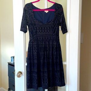 Anthropologie Meadow rue navy blue diamond abstract velvet cocktail party dress